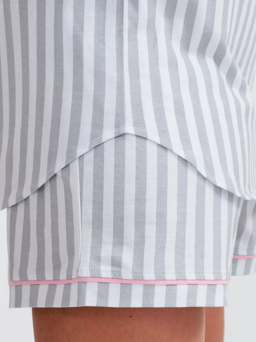 Shorts Set Grey Stripes 100% Cotton - Bella Babe by SK Nightsuit-Nightdress-Robes-Silk-Satin-Nighty-Gown-Nightwear-Shorts-Pajamas-Nightsuit-for-women-men-bathrobe-Satin-dress-cotton-