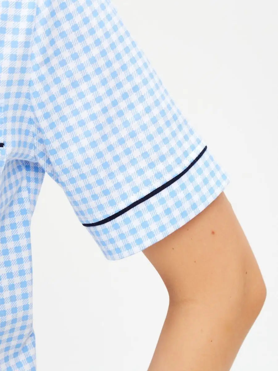 Shorts Set Sky Checkered 100% Cotton - Bella Babe by SK Nightsuit-Nightdress-Robes-Silk-Satin-Nighty-Gown-Nightwear-Shorts-Pajamas-Nightsuit-for-women-men-bathrobe-Satin-dress-cotton-