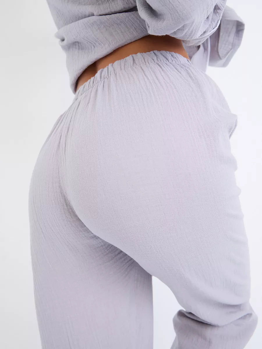 Loungewear Set Light Grey Textured Cotton.