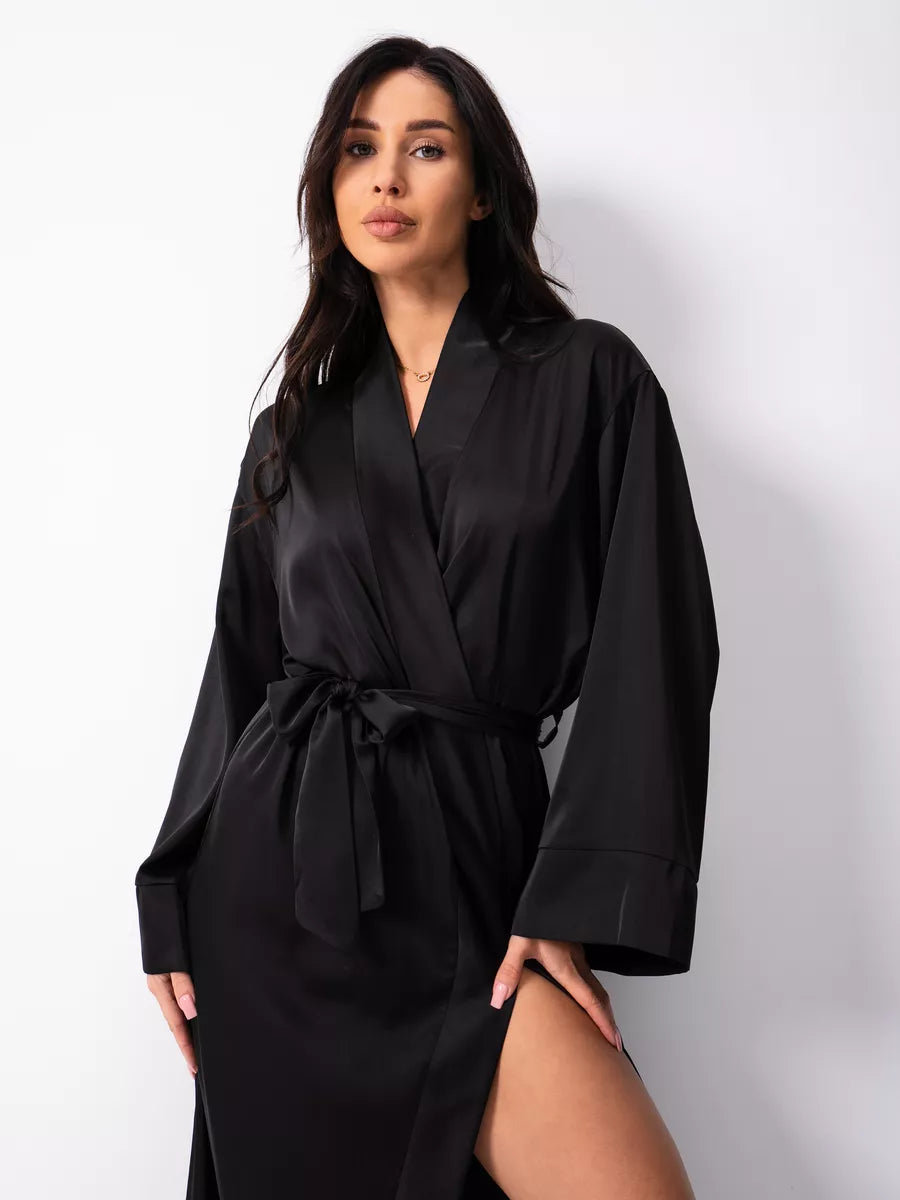 Long Satin Robe in Black.