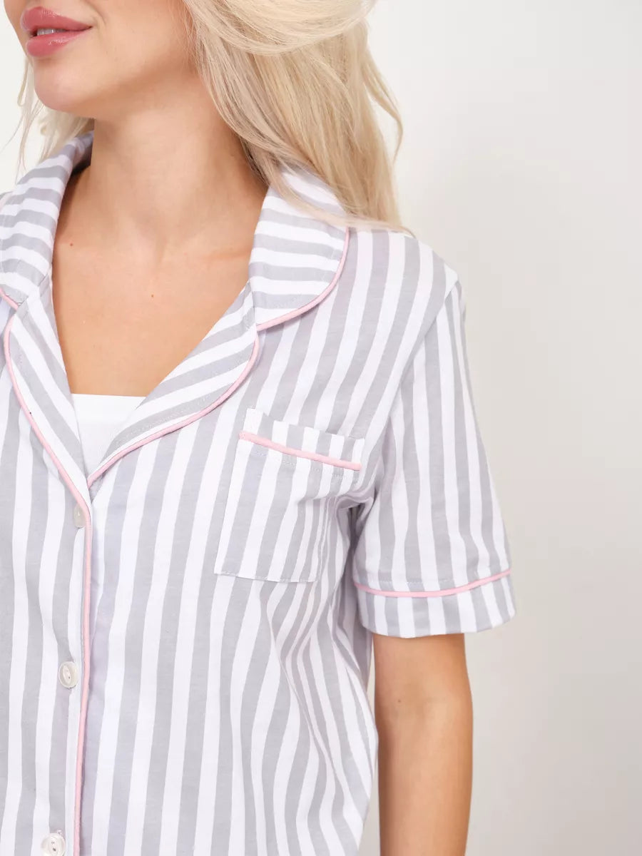 Shorts Set Grey Stripes 100% Cotton - Bella Babe by SK Nightsuit-Nightdress-Robes-Silk-Satin-Nighty-Gown-Nightwear-Shorts-Pajamas-Nightsuit-for-women-men-bathrobe-Satin-dress-cotton-