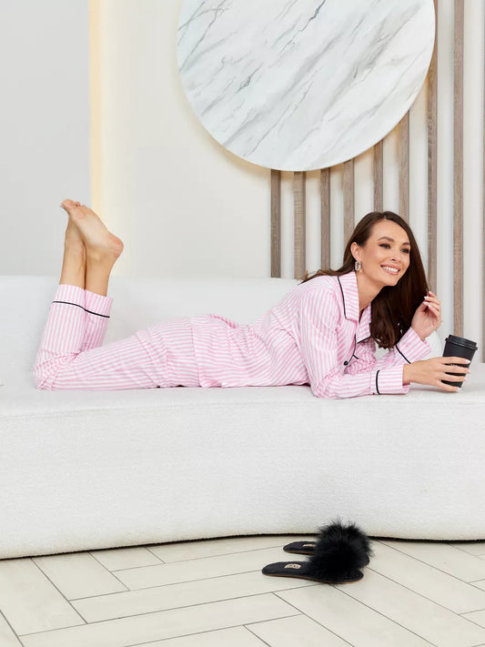 Loungewear Set Pink Striped with Contrast Piping.