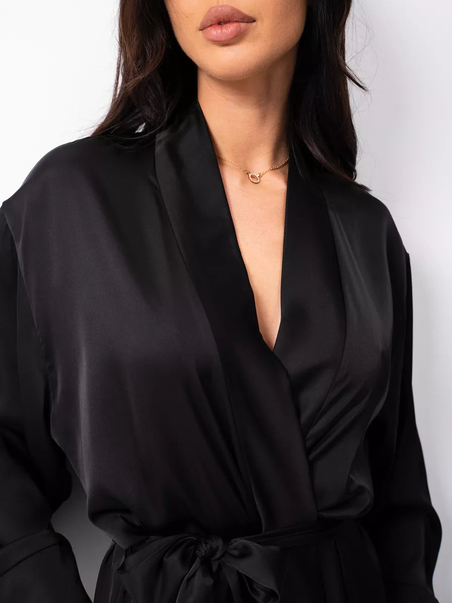 Long Satin Robe in Black.