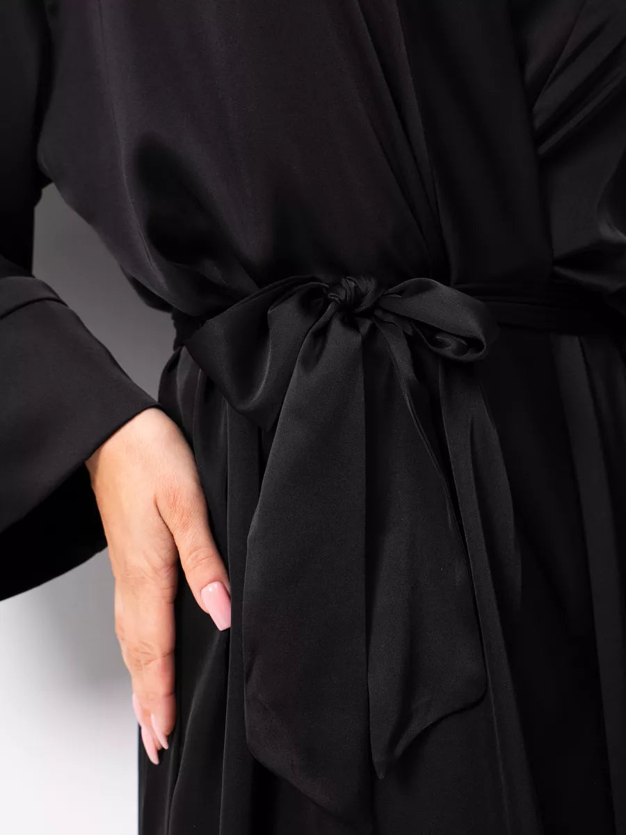 Long Satin Robe in Black.