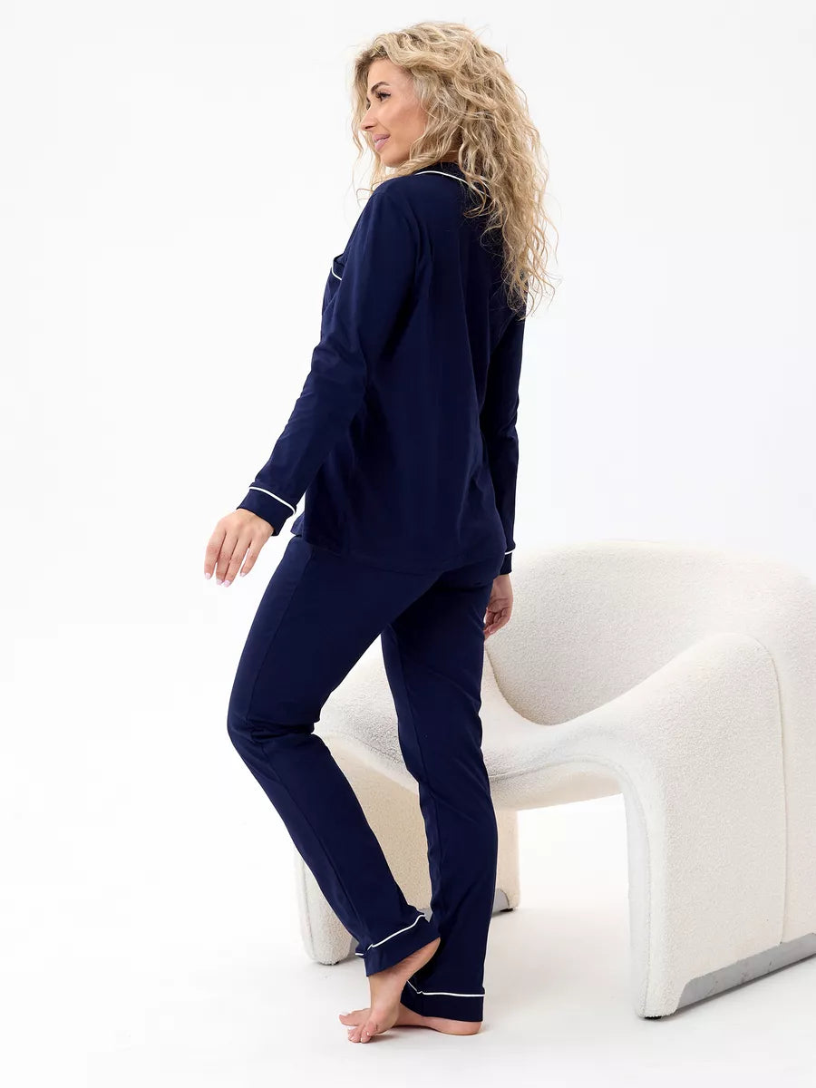 Loungewear Set Navy Blue Cambric Cotton - Bella Babe by SK Nightsuit-Nightdress-Robes-Silk-Satin-Nighty-Gown-Nightwear-Shorts-Pajamas-Nightsuit-for-women-men-bathrobe-Satin-dress-cotton-