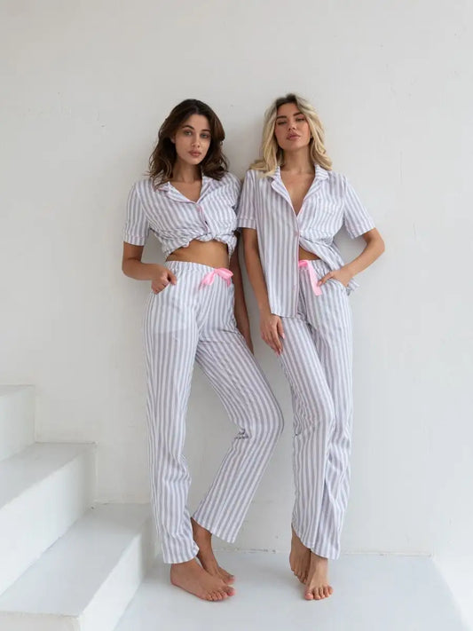 Loungewear Set Grey Striped 100% Cotton.