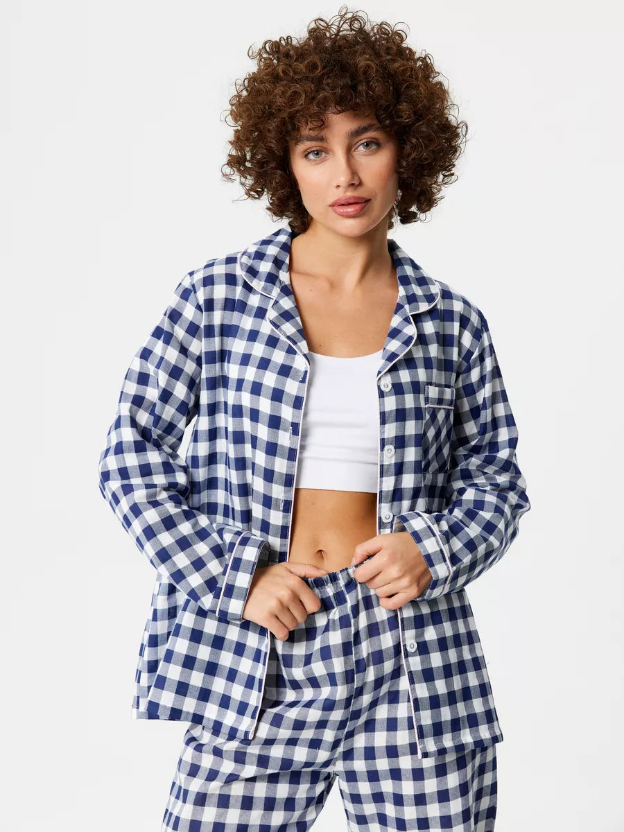Loungewear Set Blue Checkered 100% Cotton.