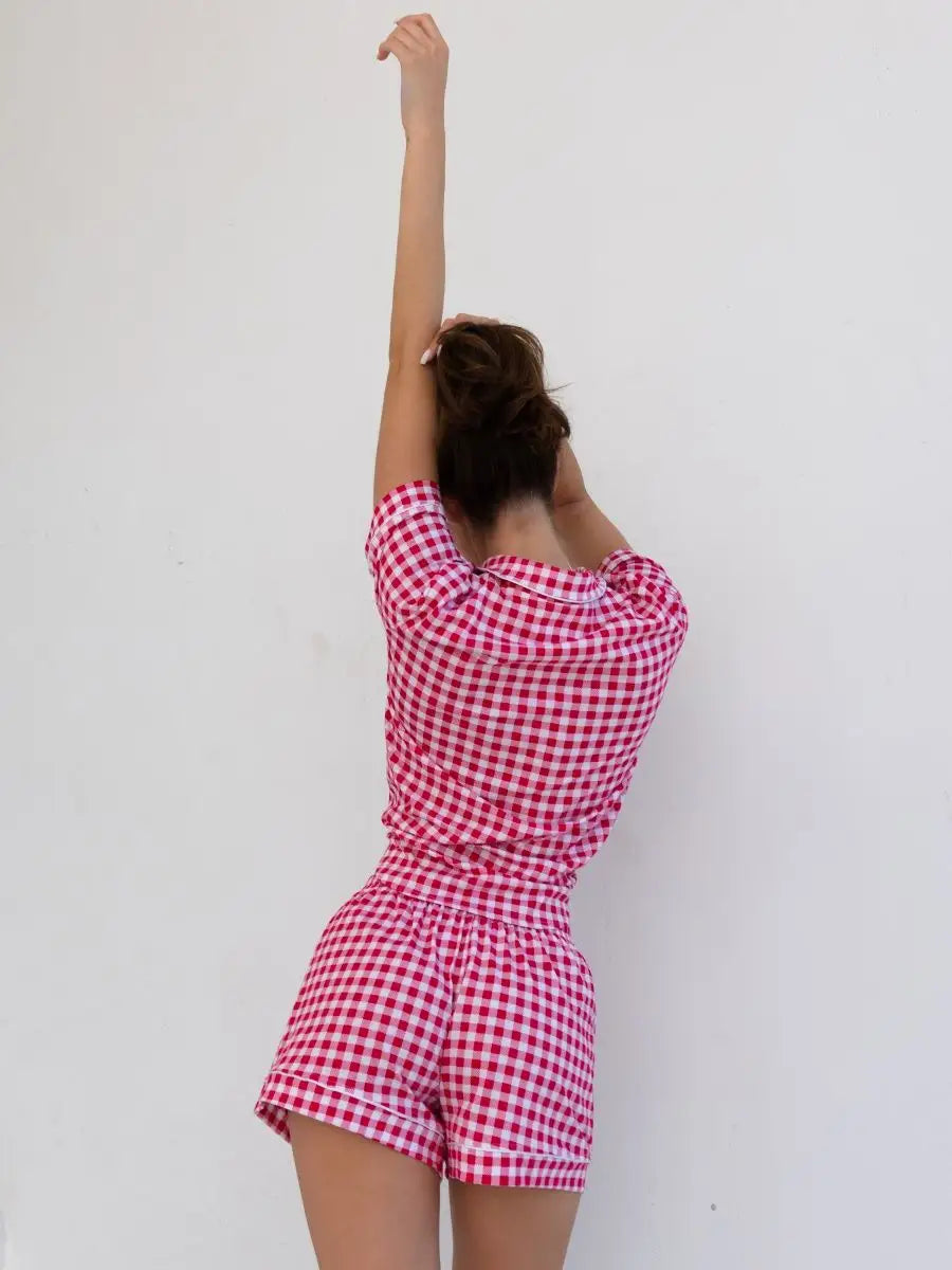 Shorts Set Red Checkered 100% Cotton - Bella Babe by SK Nightsuit-Nightdress-Robes-Silk-Satin-Nighty-Gown-Nightwear-Shorts-Pajamas-Nightsuit-for-women-men-bathrobe-Satin-dress-cotton-