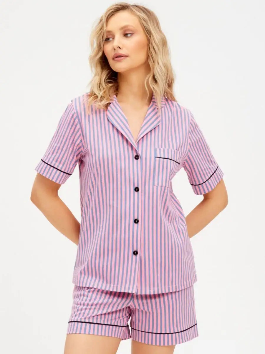 Shorts Set Pink Grey Stripes 100% Cotton.