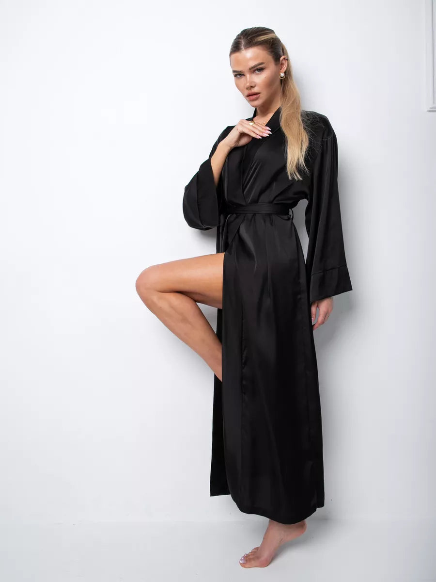 Long Satin Robe in Black.