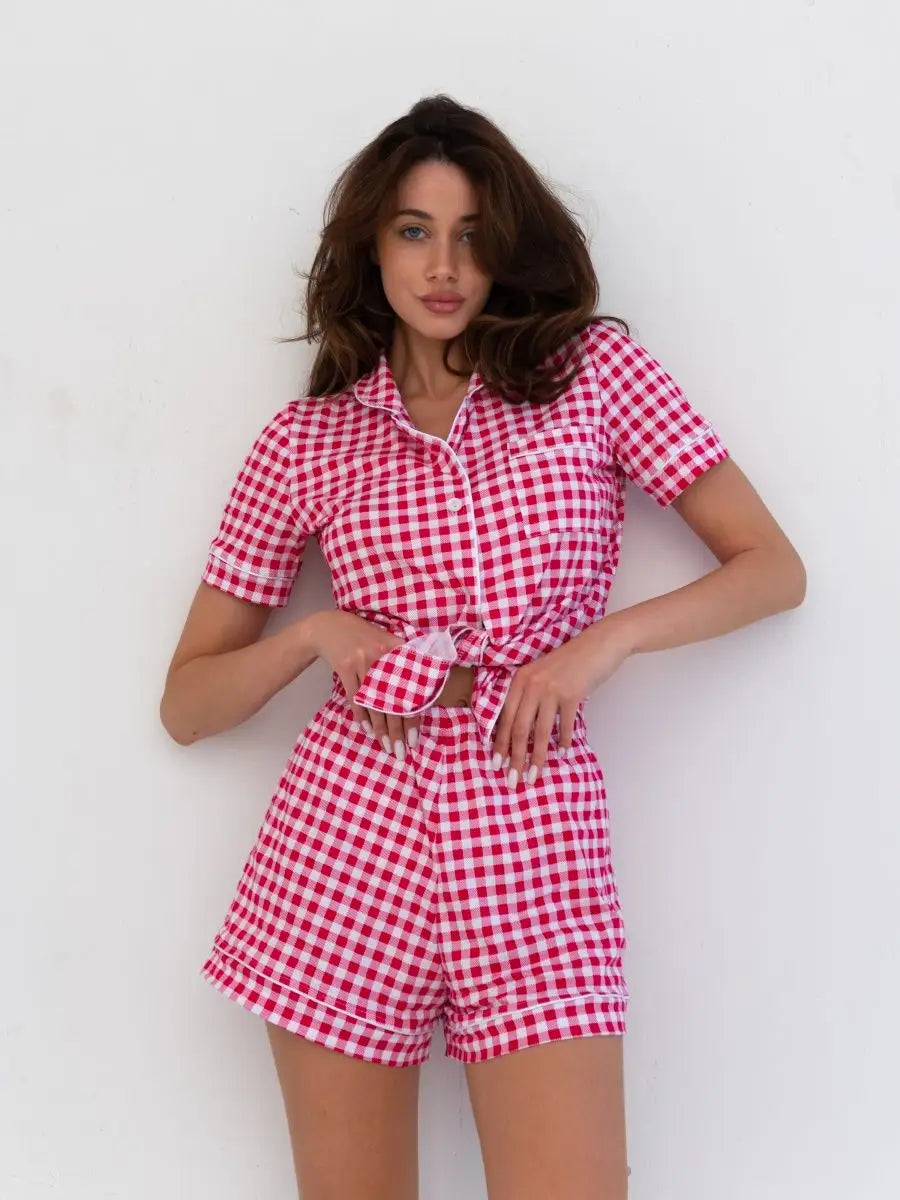 Shorts Set Red Checkered 100% Cotton - Bella Babe by SK Nightsuit-Nightdress-Robes-Silk-Satin-Nighty-Gown-Nightwear-Shorts-Pajamas-Nightsuit-for-women-men-bathrobe-Satin-dress-cotton-