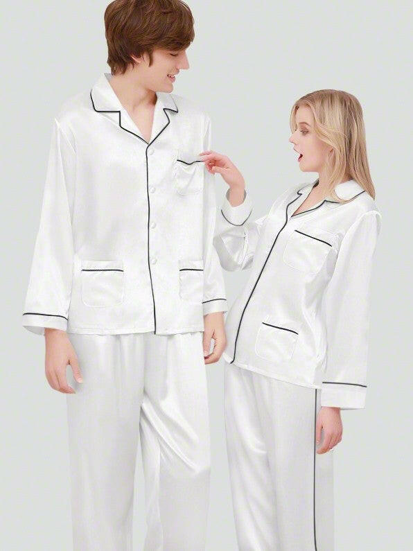 Satin Nightwear with Contrast Piping for Couples.