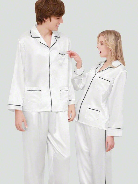 Satin Nightwear with Contrast Piping for Couples.