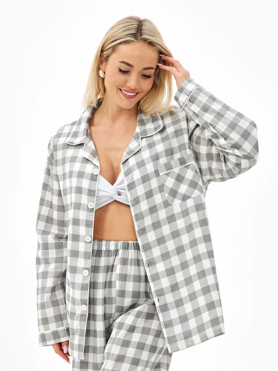 Loungewear Set Grey Checkered 100% Cotton - Bella Babe by SK Nightsuit-Nightdress-Robes-Silk-Satin-Nighty-Gown-Nightwear-Shorts-Pajamas-Nightsuit-for-women-men-bathrobe-Satin-dress-cotton-