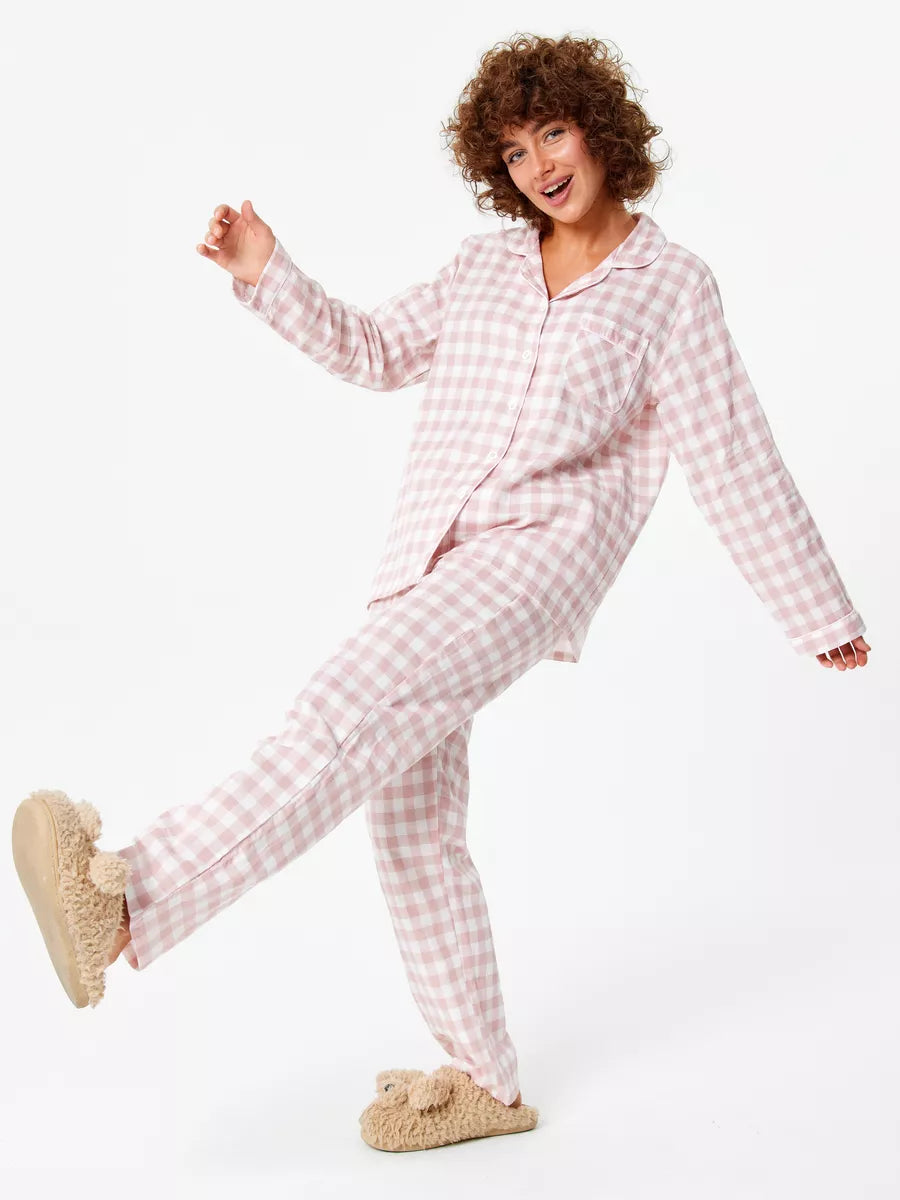 Loungewear Set Peach Checks 100% Cotton.