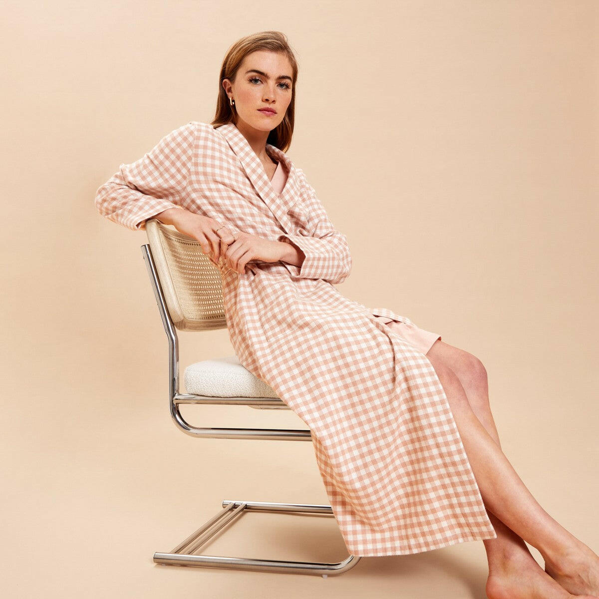 Peach Checkered 100% Cotton Robe.