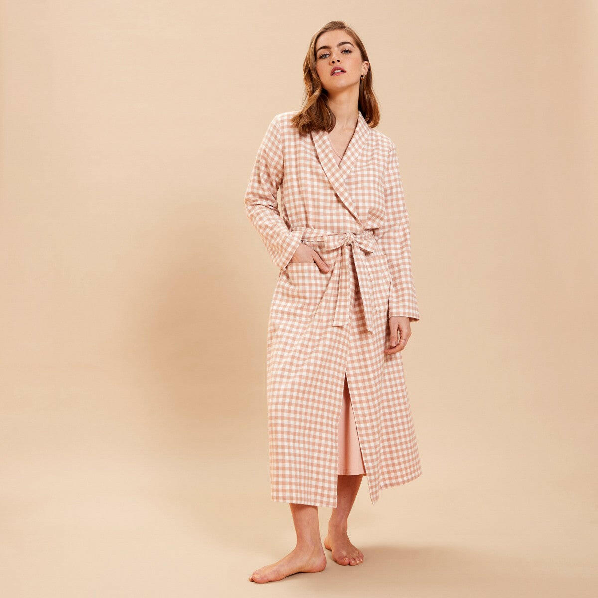 Peach Checkered 100% Cotton Robe.