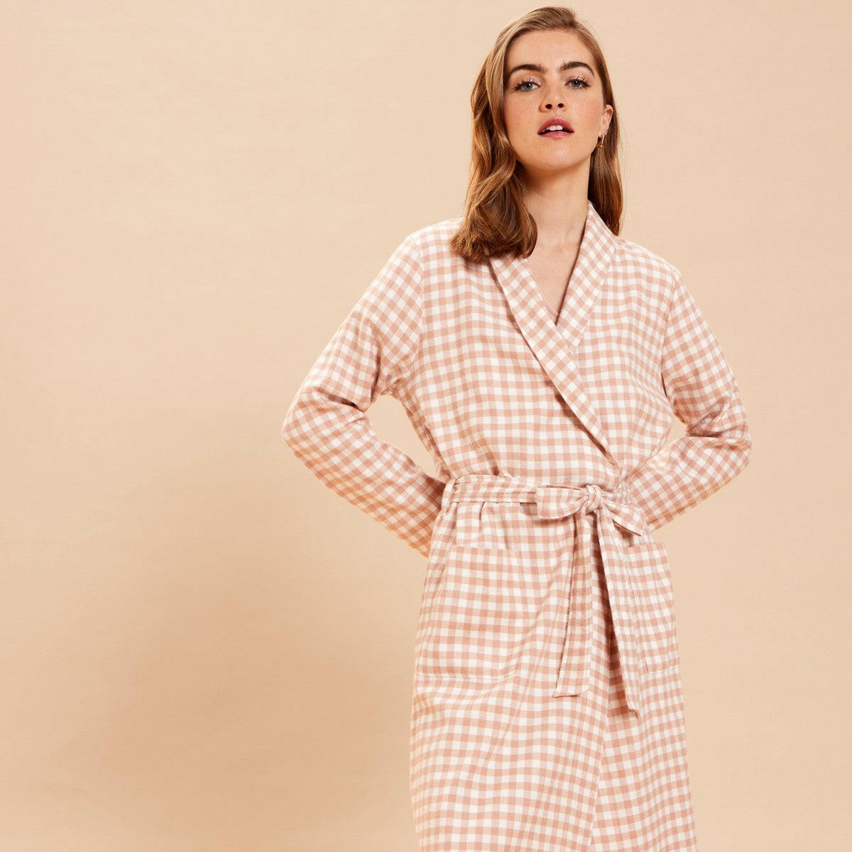 Peach Checkered 100% Cotton Robe.