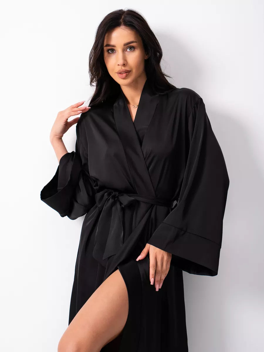 Long Satin Robe in Black.