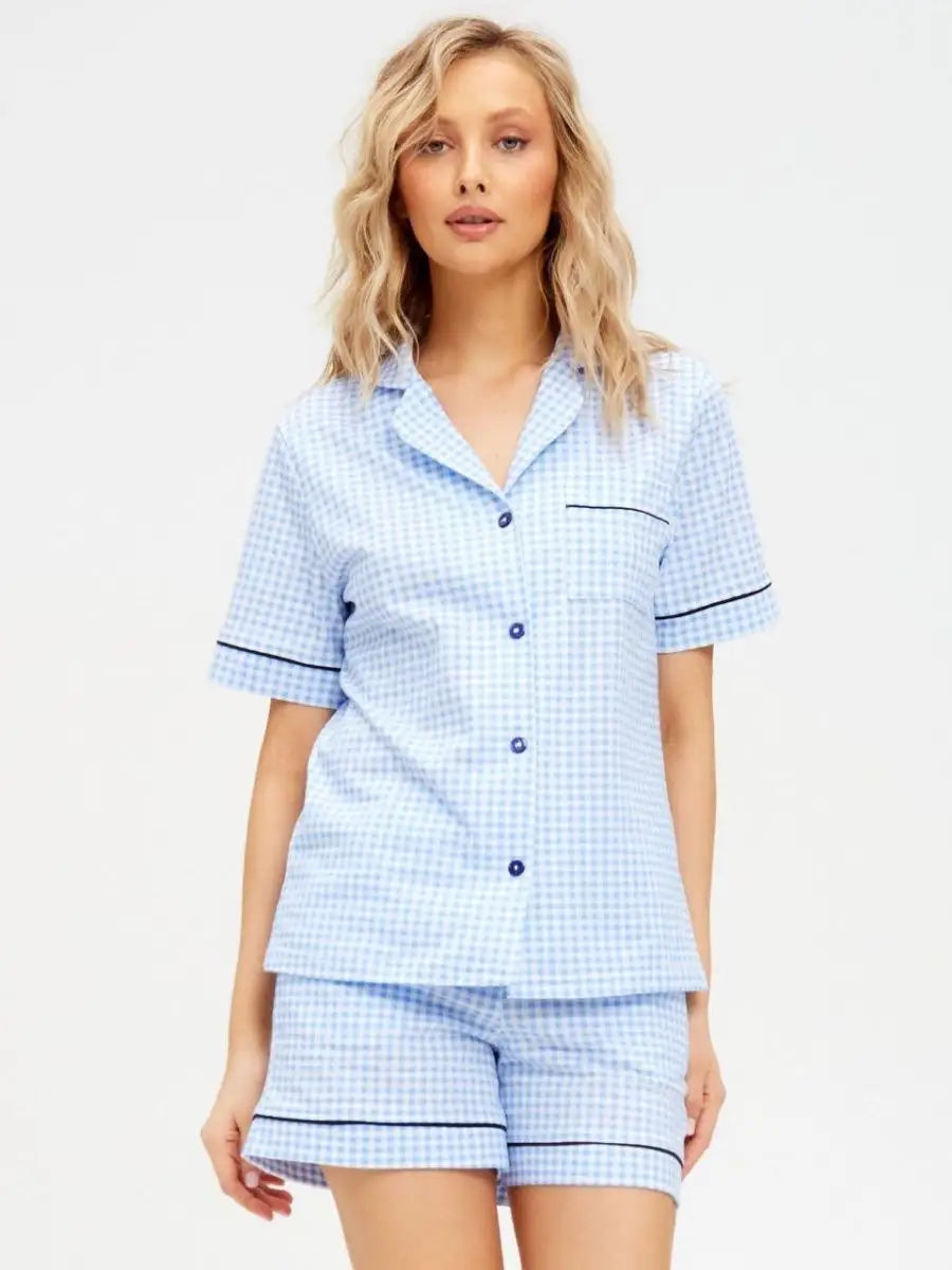 Shorts Set Sky Checkered 100% Cotton - Bella Babe by SK Nightsuit-Nightdress-Robes-Silk-Satin-Nighty-Gown-Nightwear-Shorts-Pajamas-Nightsuit-for-women-men-bathrobe-Satin-dress-cotton-