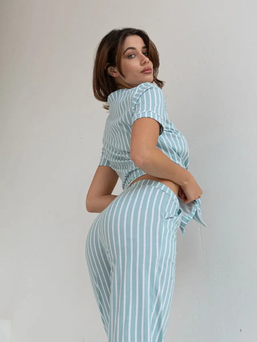 Loungewear Set Turquoise Striped 100% Cotton.