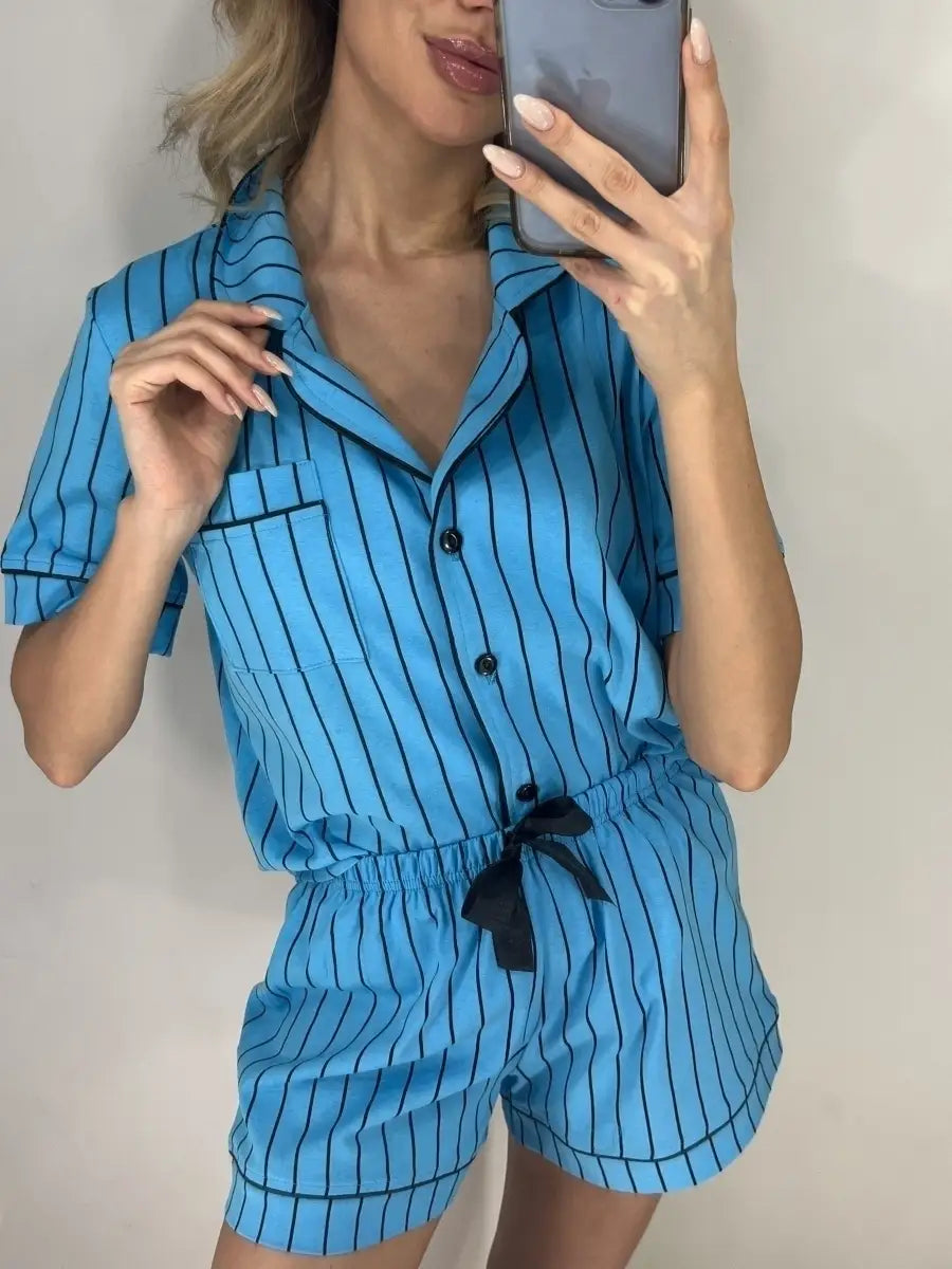 Shorts Set Blue Stripes 100% Cotton.