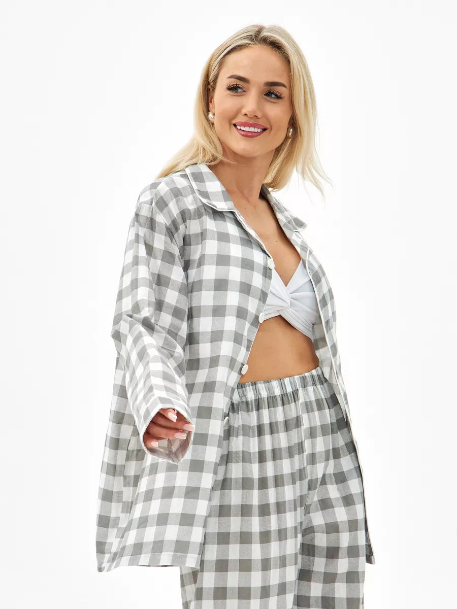 Loungewear Set Grey Checkered 100% Cotton - Bella Babe by SK Nightsuit-Nightdress-Robes-Silk-Satin-Nighty-Gown-Nightwear-Shorts-Pajamas-Nightsuit-for-women-men-bathrobe-Satin-dress-cotton-