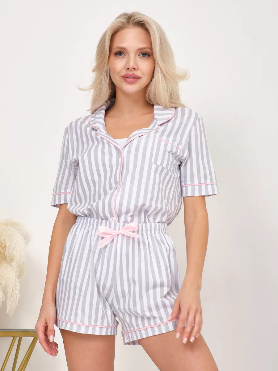 Shorts Set Grey Stripes 100% Cotton - Bella Babe by SK Nightsuit-Nightdress-Robes-Silk-Satin-Nighty-Gown-Nightwear-Shorts-Pajamas-Nightsuit-for-women-men-bathrobe-Satin-dress-cotton-