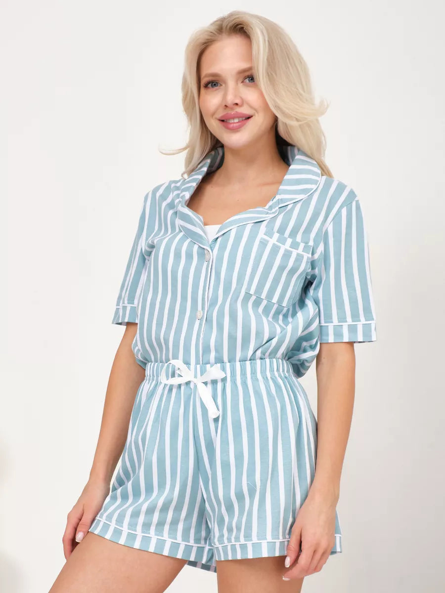Shorts Set Turquoise Stripes 100% Cotton.