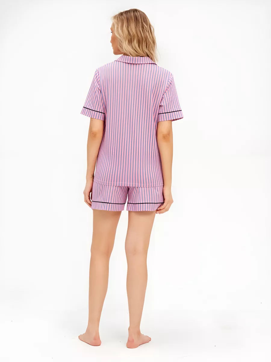 Shorts Set Pink Grey Stripes 100% Cotton.