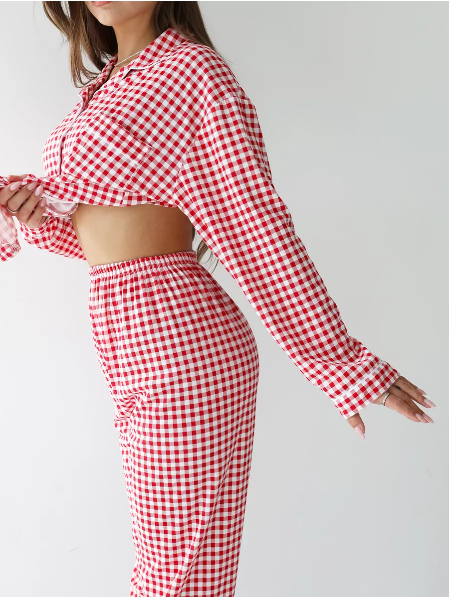 Loungewear Set Red Checkered 100% Cotton