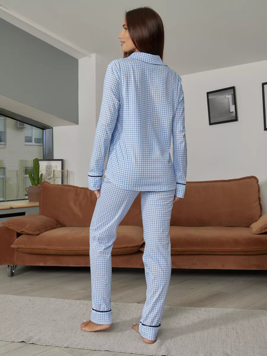 Loungewear Set Sky Blue Checkered 100% Cotton - Bella Babe by SK Nightsuit-Nightdress-Robes-Silk-Satin-Nighty-Gown-Nightwear-Shorts-Pajamas-Nightsuit-for-women-men-bathrobe-Satin-dress-cotton-