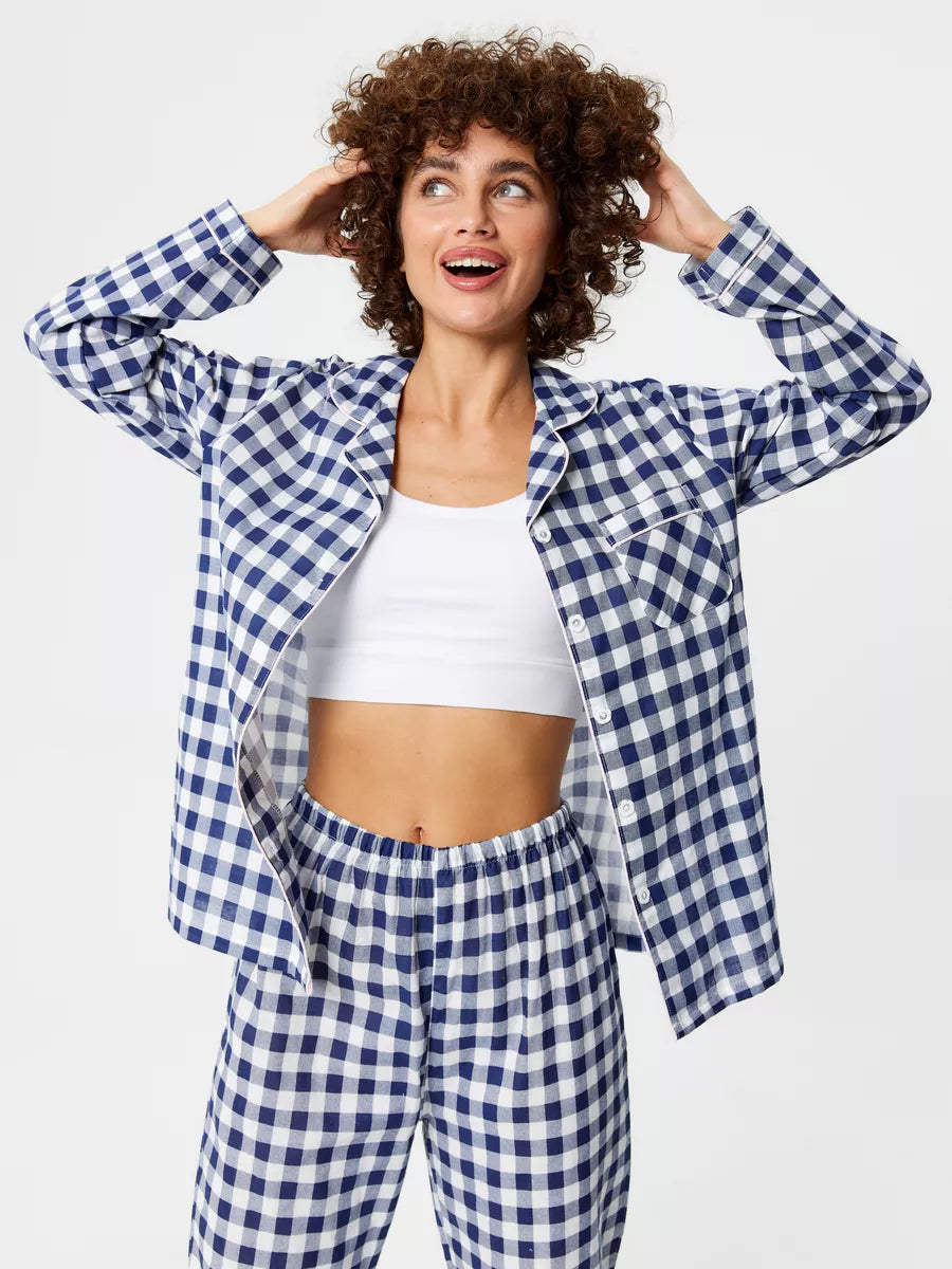Loungewear Set Blue Checkered 100% Cotton.
