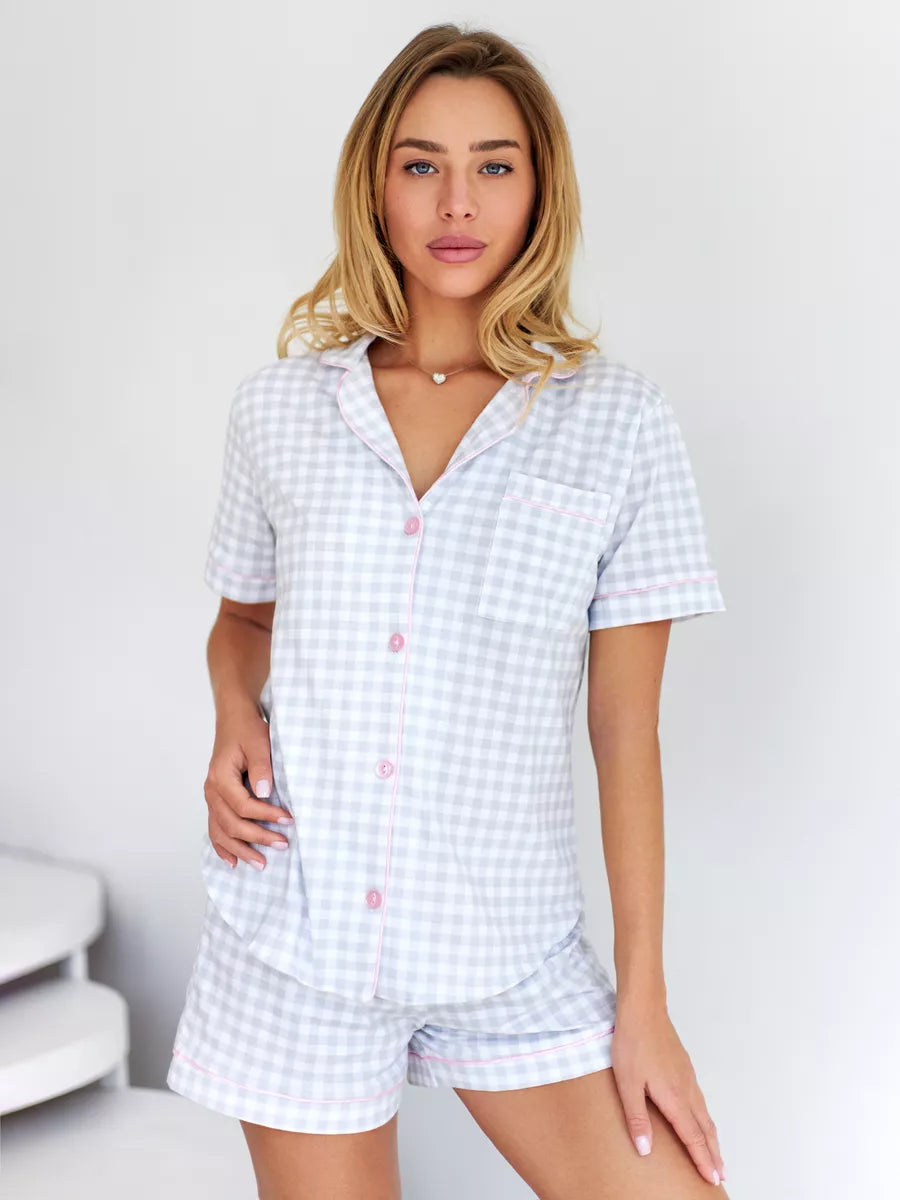Shorts Set Grey Checkered - Bella Babe by SK Nightsuit-Nightdress-Robes-Silk-Satin-Nighty-Gown-Nightwear-Shorts-Pajamas-Nightsuit-for-women-men-bathrobe-Satin-dress-cotton-
