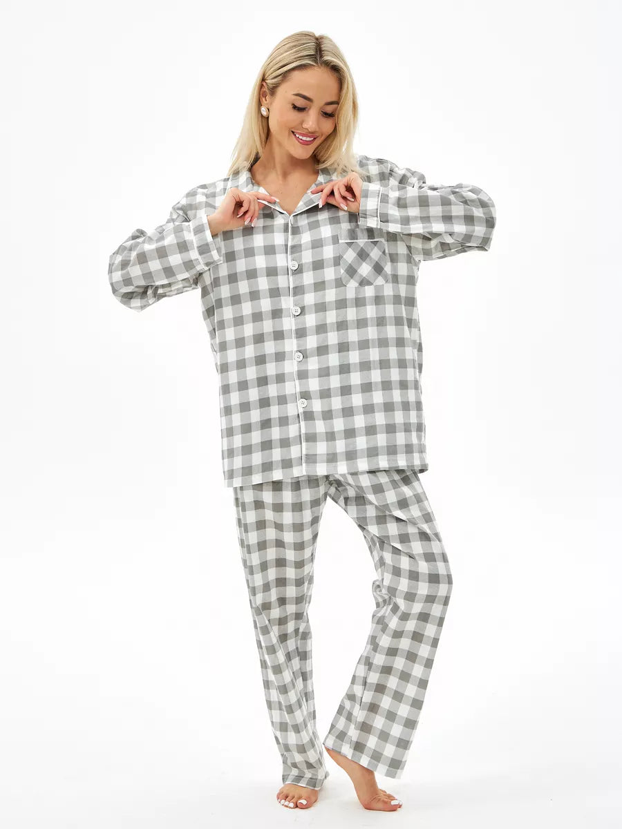 Loungewear Set Grey Checkered 100% Cotton - Bella Babe by SK Nightsuit-Nightdress-Robes-Silk-Satin-Nighty-Gown-Nightwear-Shorts-Pajamas-Nightsuit-for-women-men-bathrobe-Satin-dress-cotton-