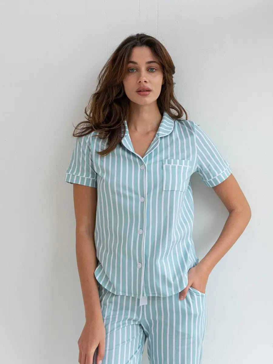 Loungewear Set Turquoise Striped 100% Cotton.