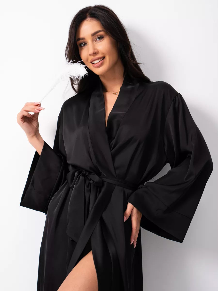 Long Satin Robe in Black.