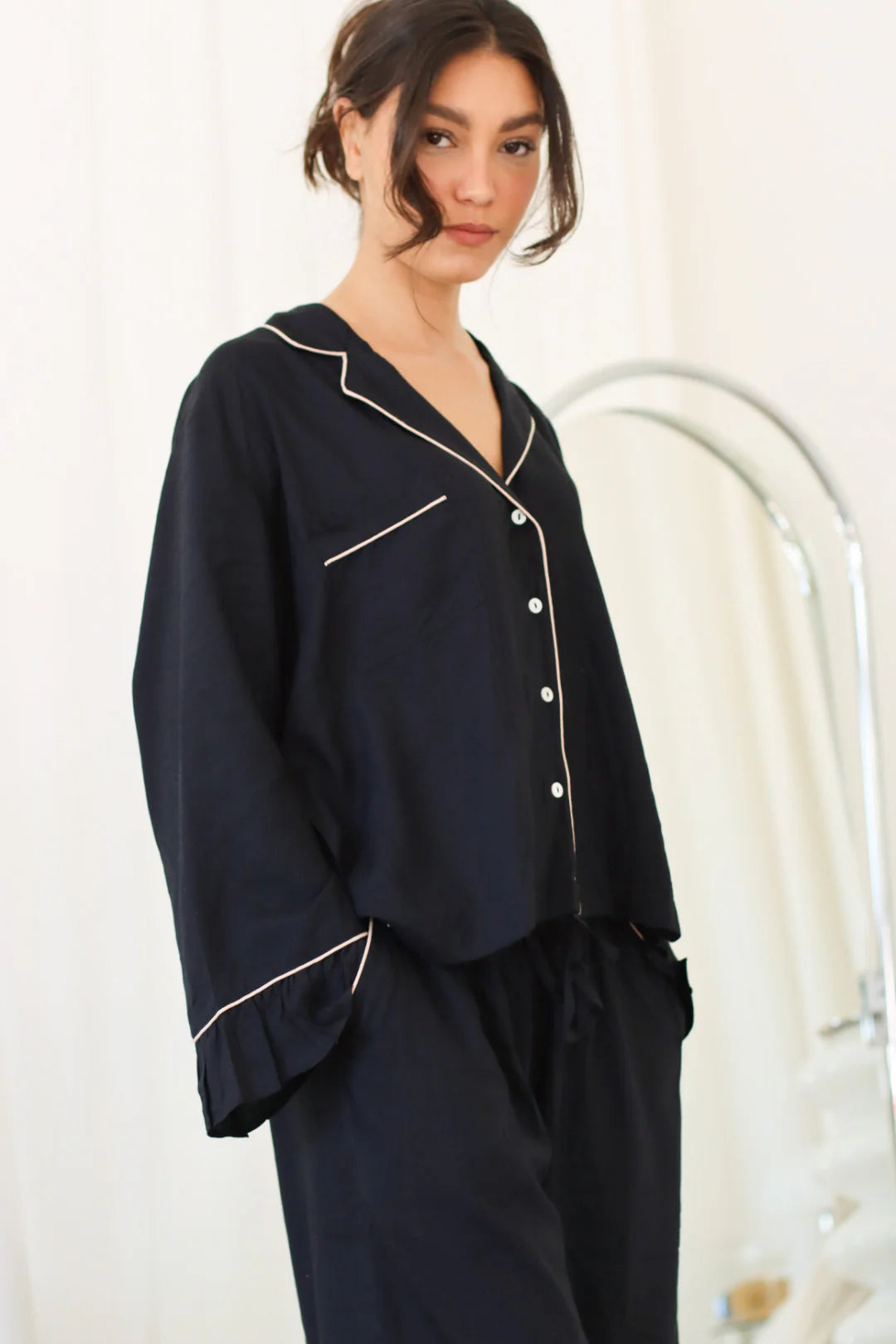 Loungewear Set Frill Cuff Black Solid Rayon.