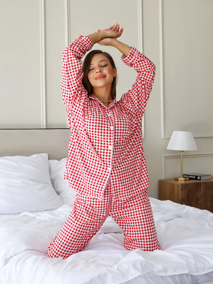 Loungewear Set Red Checkered 100% Cotton