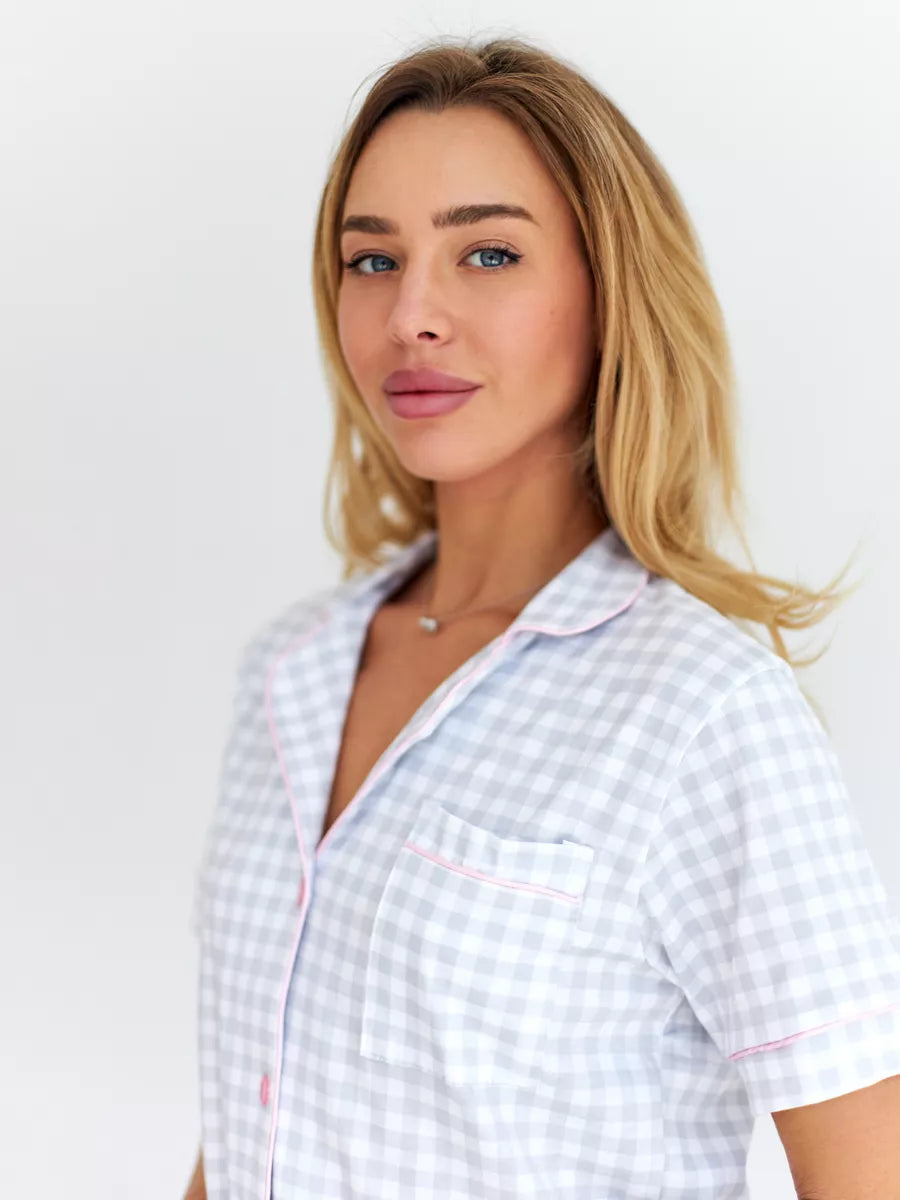 Shorts Set Grey Checkered - Bella Babe by SK Nightsuit-Nightdress-Robes-Silk-Satin-Nighty-Gown-Nightwear-Shorts-Pajamas-Nightsuit-for-women-men-bathrobe-Satin-dress-cotton-