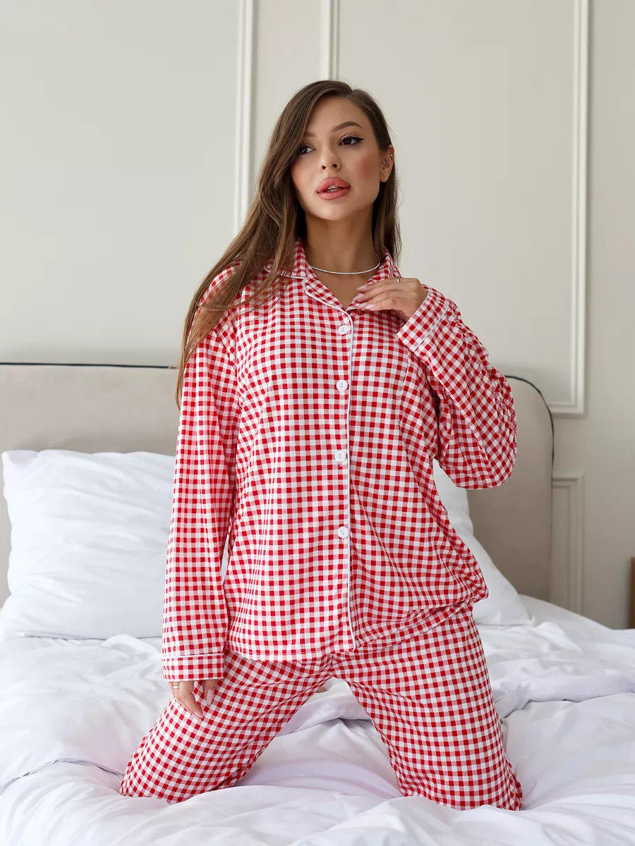 Loungewear Set Red Checkered 100% Cotton
