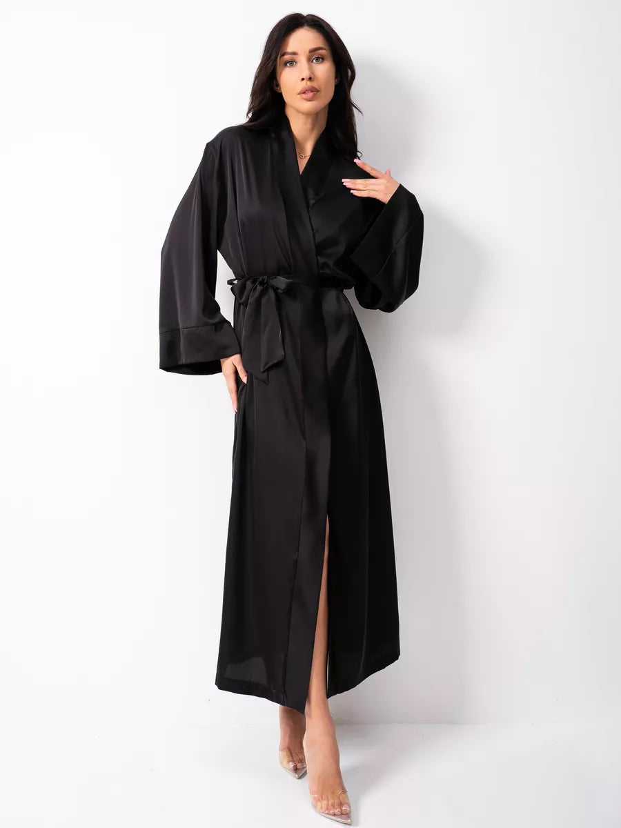 Long Satin Robe in Black.