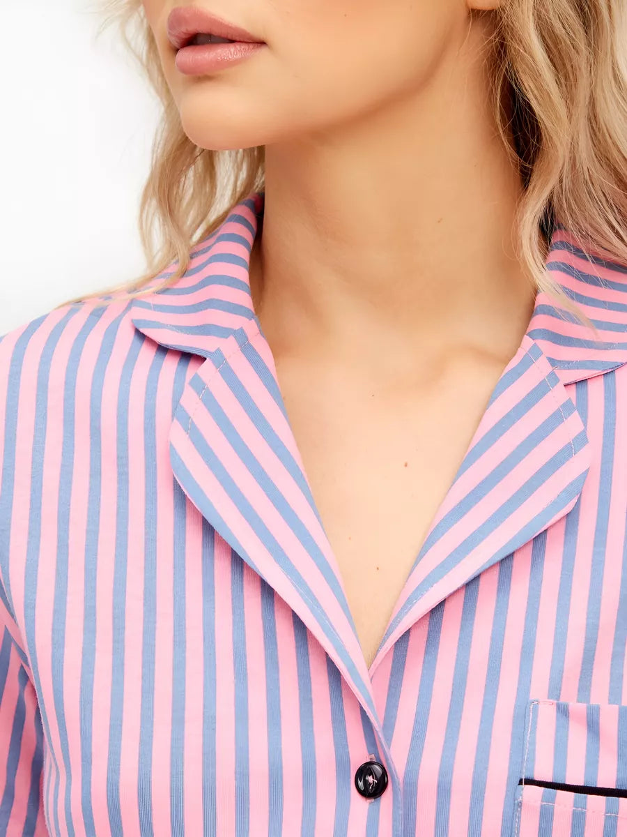 Shorts Set Pink Grey Stripes 100% Cotton.