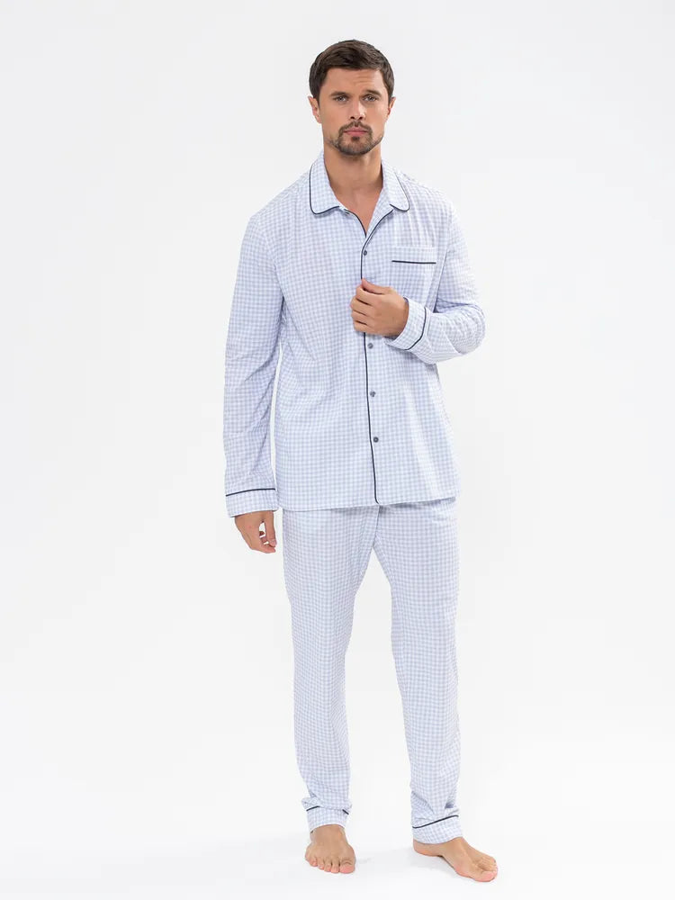 Sky Blue Checkered Nightsuit 100% Cotton.