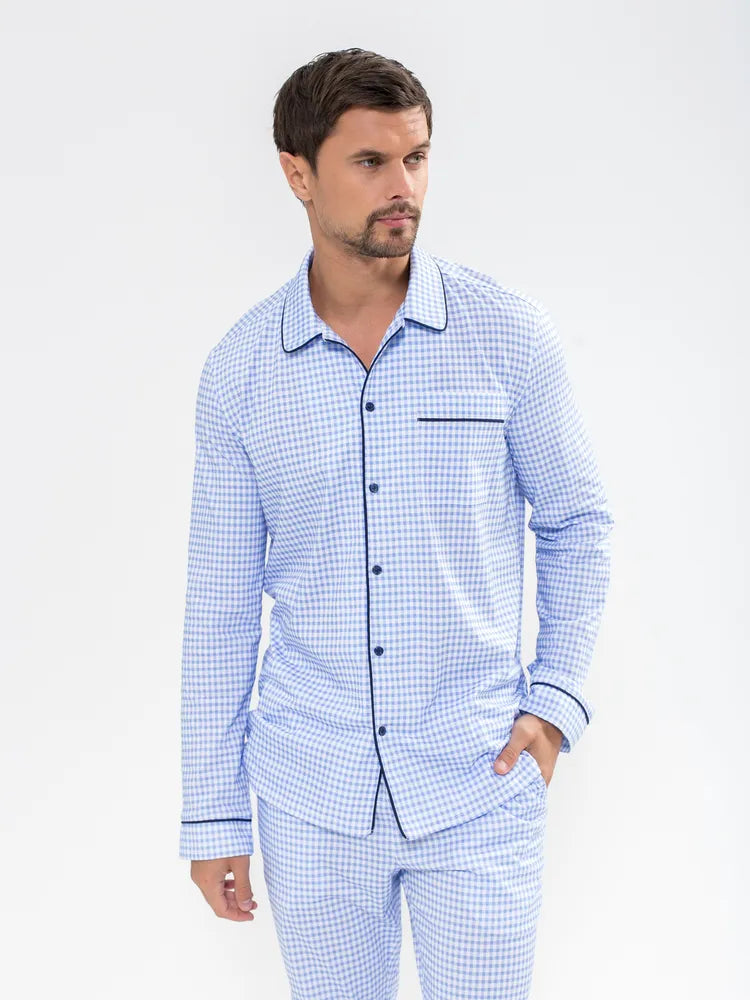 Sky Blue Checkered Nightsuit 100% Cotton.