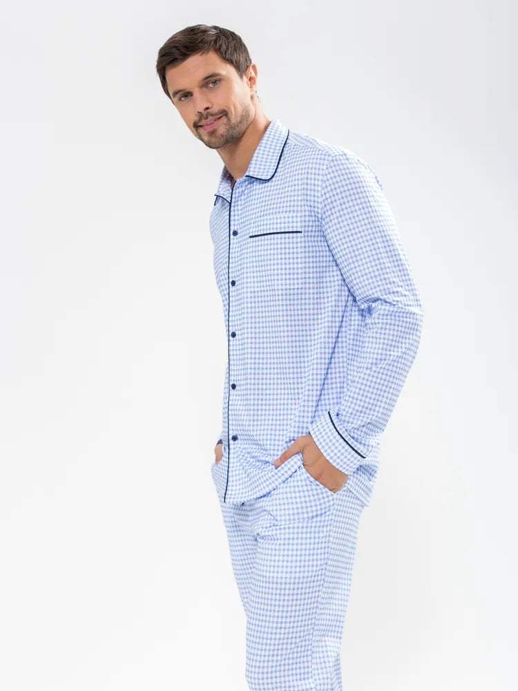 Sky Blue Checkered Nightsuit 100% Cotton.