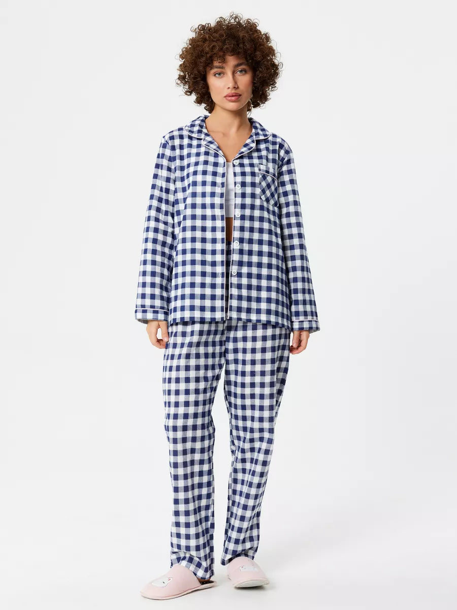 Loungewear Set Blue Checkered 100% Cotton.