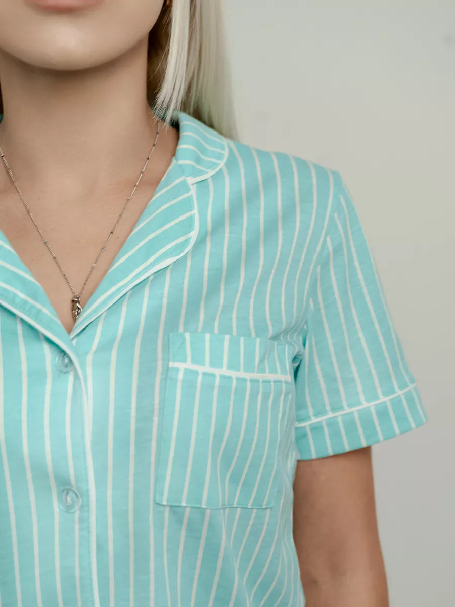 Shorts Set Pale Turquise Stripe 100% Cotton.