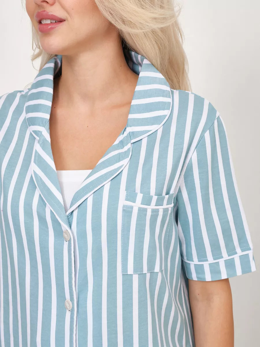 Shorts Set Turquoise Stripes 100% Cotton.