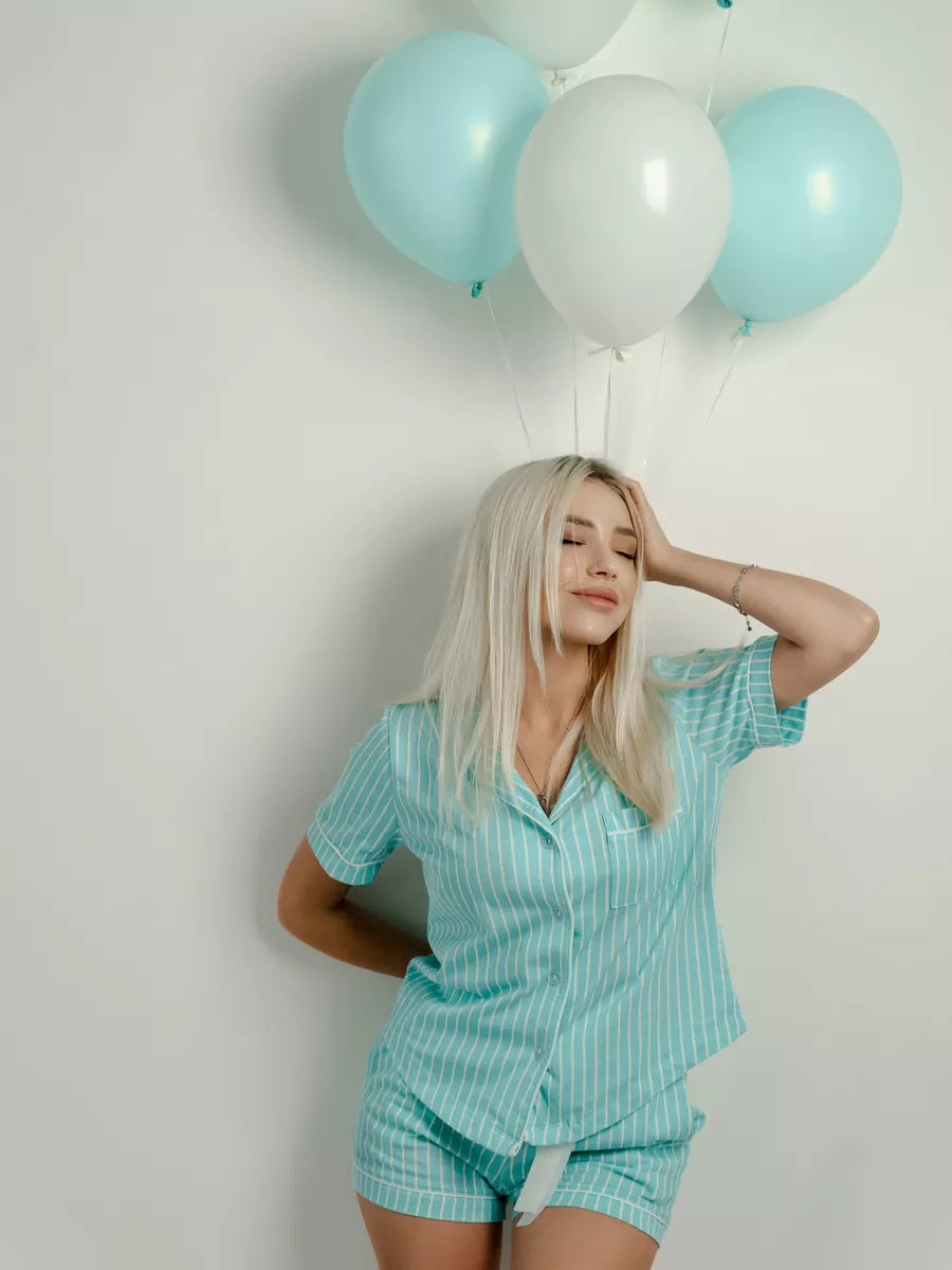 Shorts Set Pale Turquise Stripe 100% Cotton.